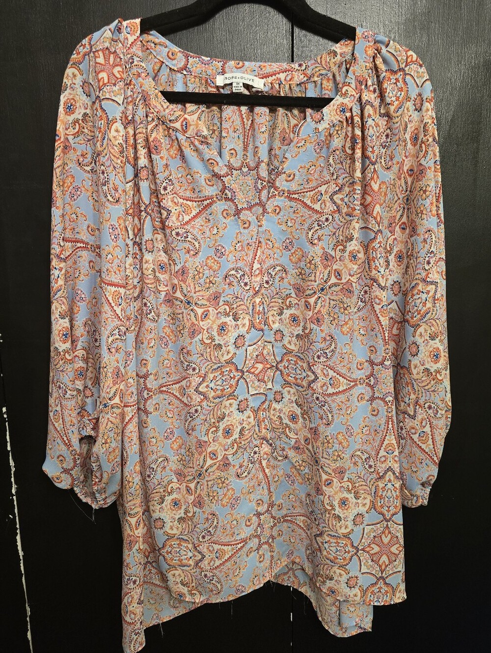 Rose + Olive Paisley Print Tunic Blouse in Light Blue Size 3x